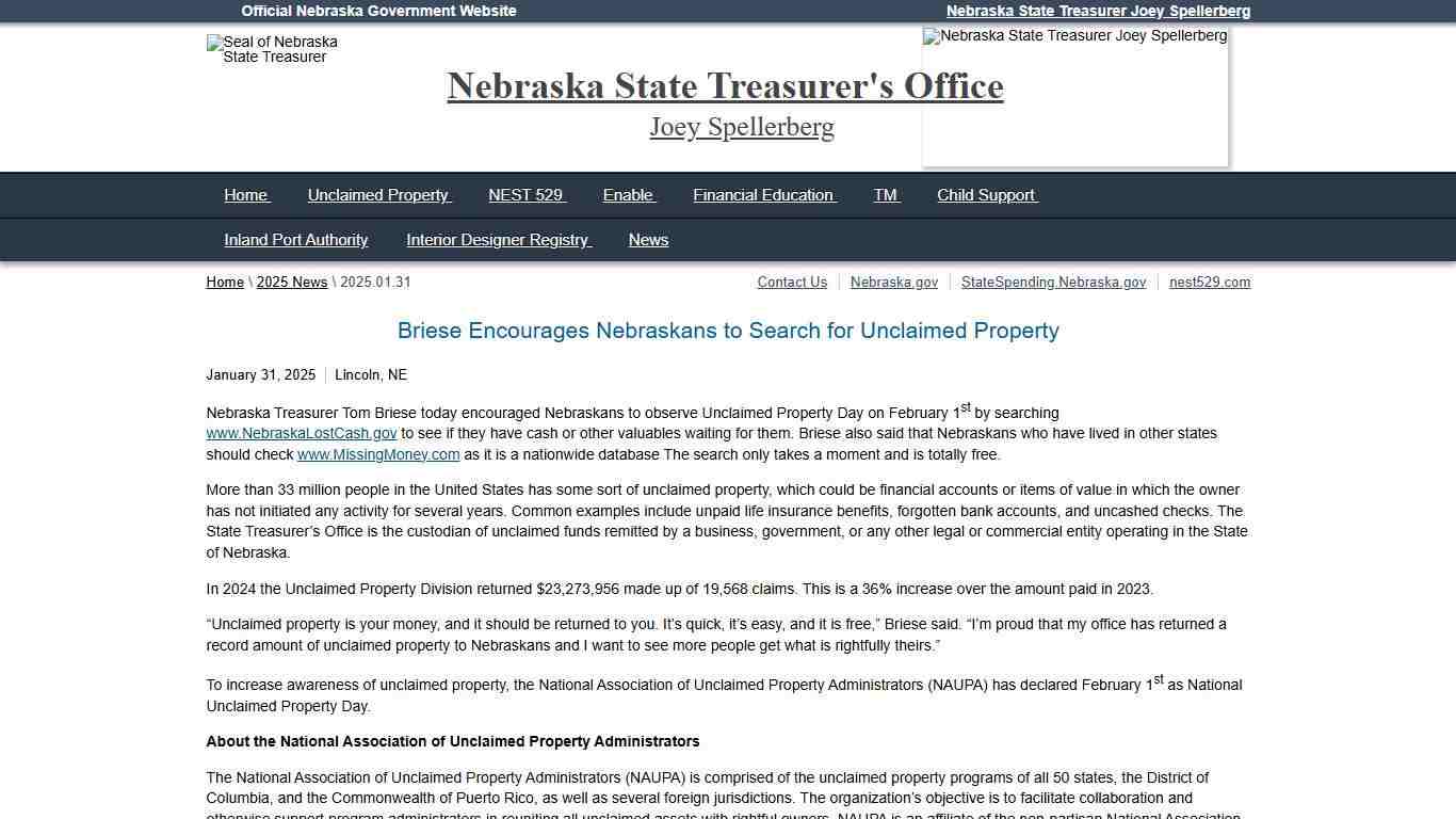 nsto 2025.01.31 - Briese Encourages Nebraskans to Search for Unclaimed Property